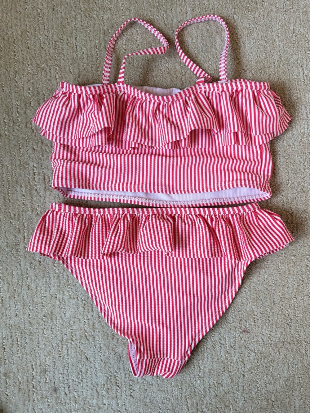 Red Striped Ruffle Two-Piece Girls' Swim Set 11 years - Picture 2 of 2